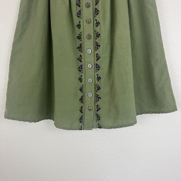 Anthropologie Maeve Embroidered Linen Cotton Button Front Smocked Skirt Green 6 - Picture 8 of 16